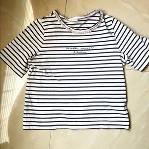 Striped shirt with pearls neckline